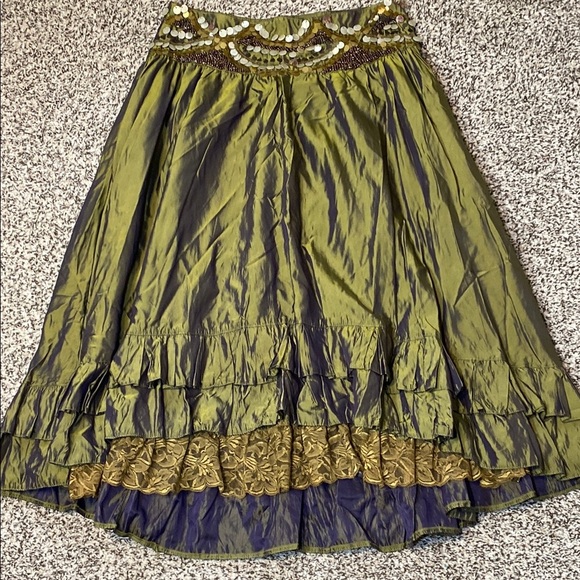 In Love Paris by Carling Metallic Green Boho Embellished Ruffled Midi Skirt - Picture 3 of 8